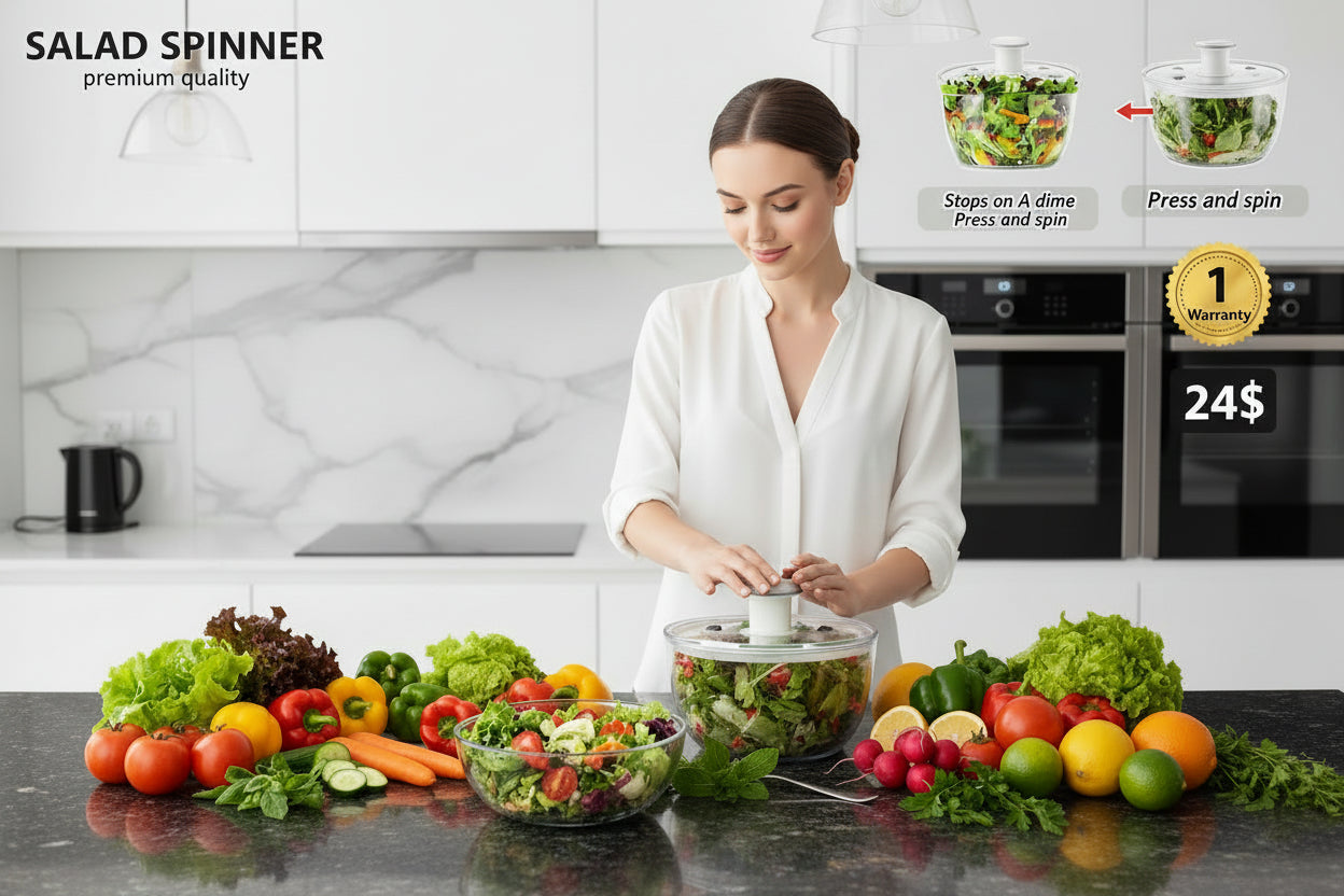 Woman using a salad spinner with text about product features and pricing.