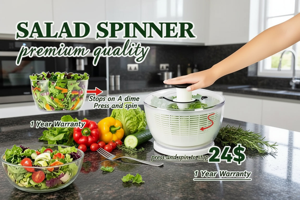 Salad spinner with text highlighting features and price on a light green background