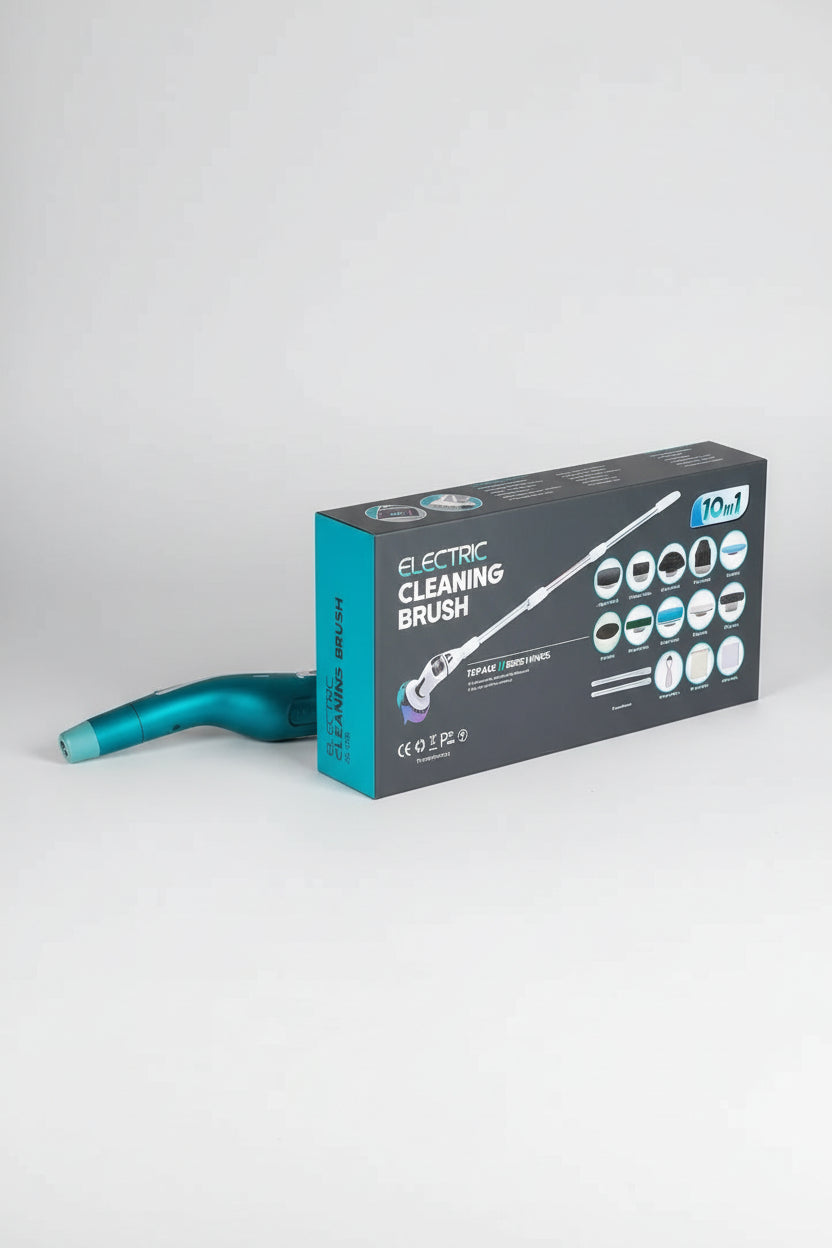 10-in-1 electric cordless brush with packaging on a blue background
