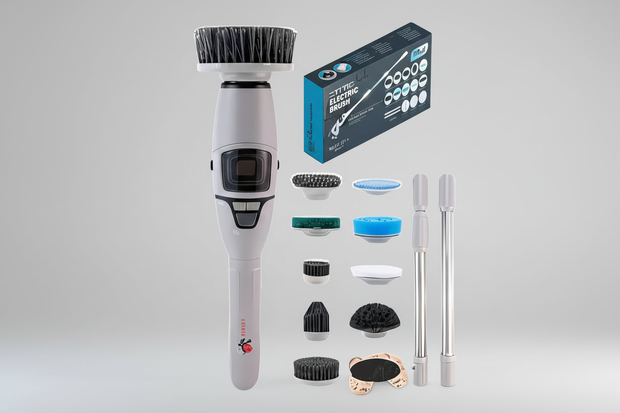 10-in-1 electric brush set with attachments and packaging on a tiled background