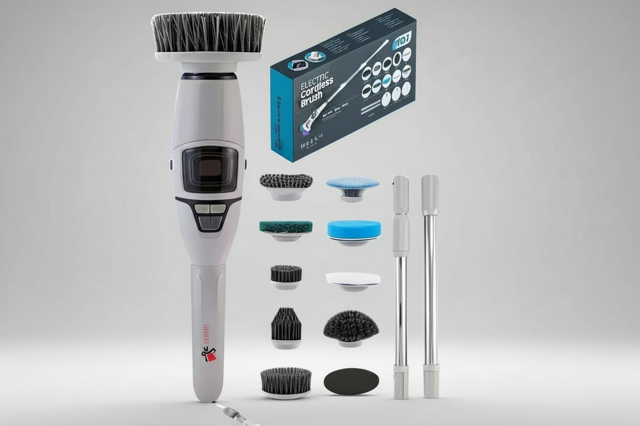 Electric cleaning brush set with interchangeable heads and packaging on a dark background