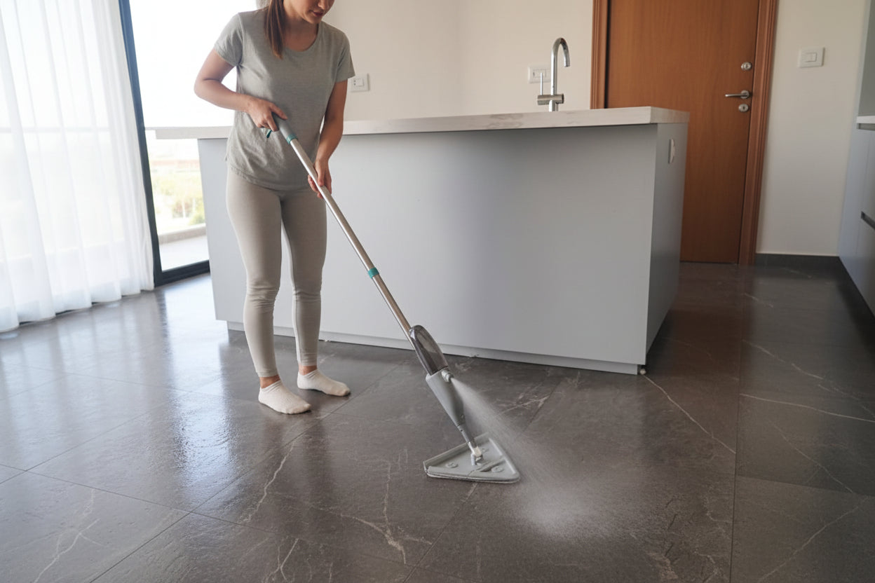 Mop leaning against a kitchen counter with a sink in the background