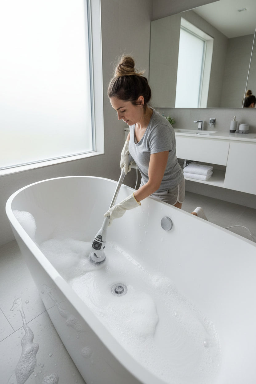 Electric cleaning brush set with various attachments on a blue background