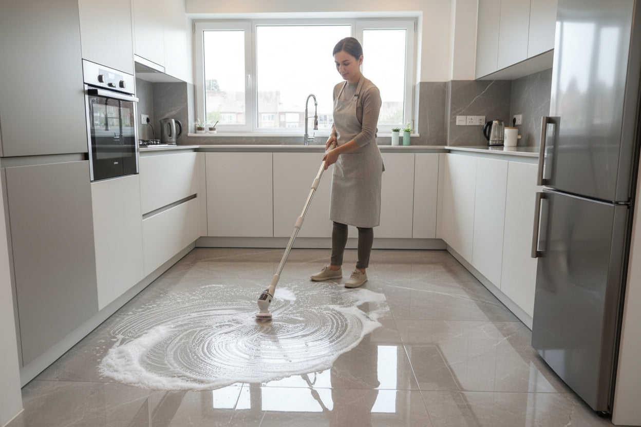 Cleaning tool on a tiled floor with a window in the background