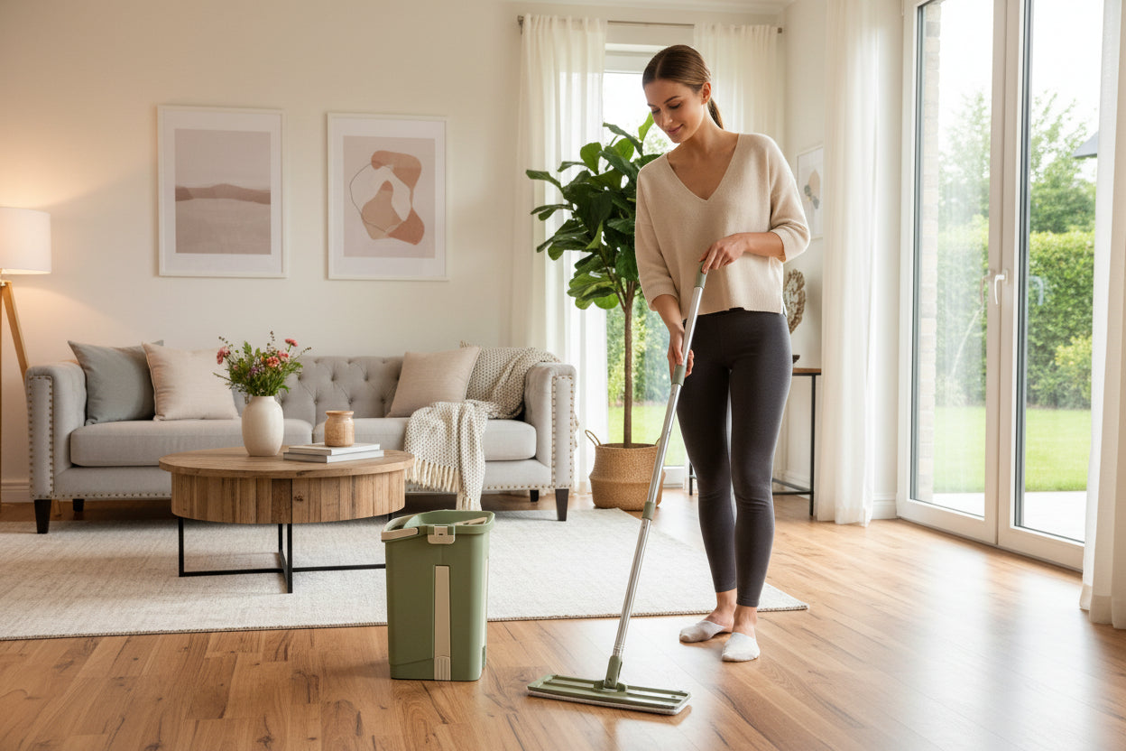 Green mop and bucket set on a tiled floor with a store shelf in the background.