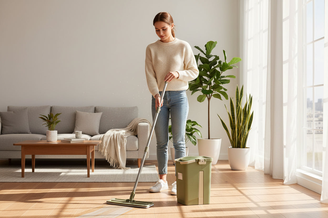 Green mop and bucket set on a tiled floor with a store shelf in the background.