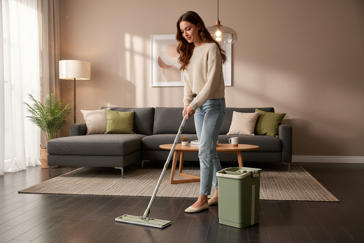Green mop and bucket set on a tiled floor with a store shelf in the background.