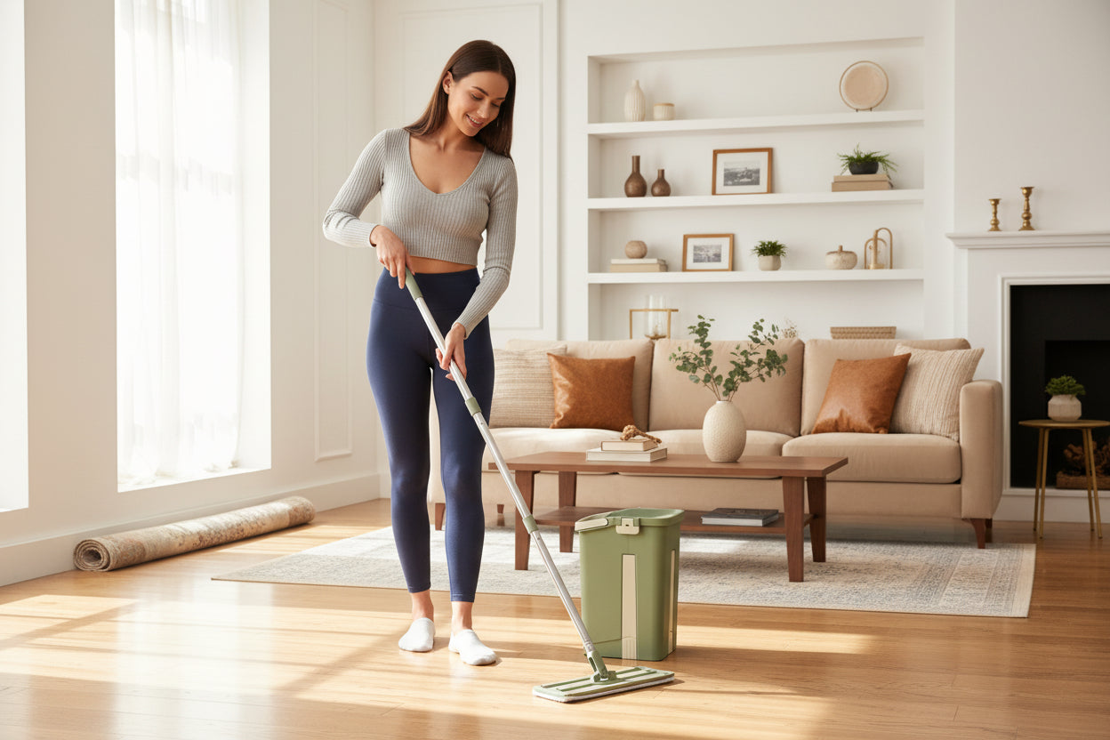 Green mop and bucket set on a tiled floor with a store shelf in the background.