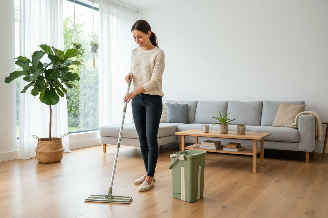 Green mop and bucket set on a tiled floor with a store shelf in the background.