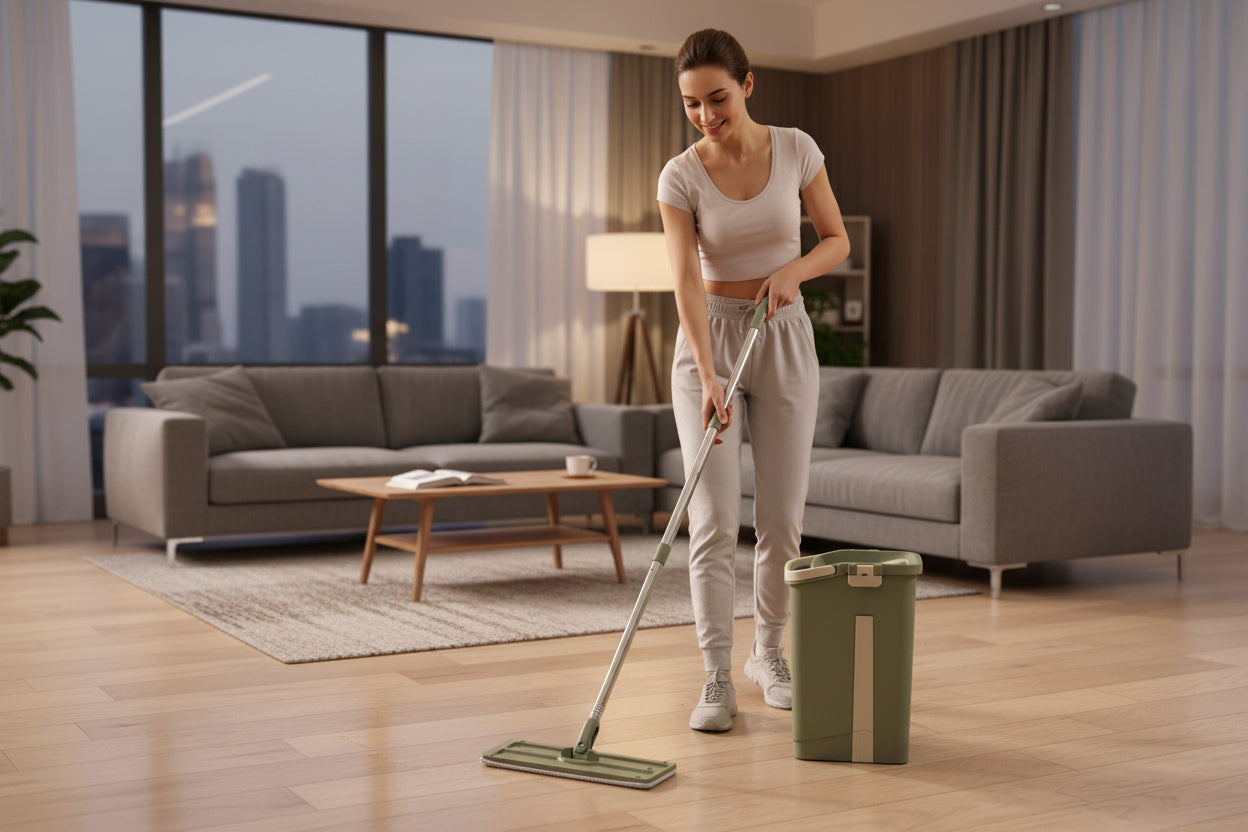Green mop and bucket set on a tiled floor with a store shelf in the background.