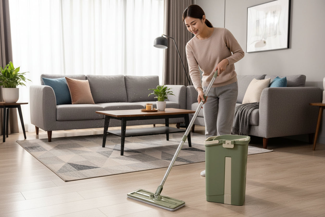 Green mop and bucket set on a tiled floor with a store shelf in the background.