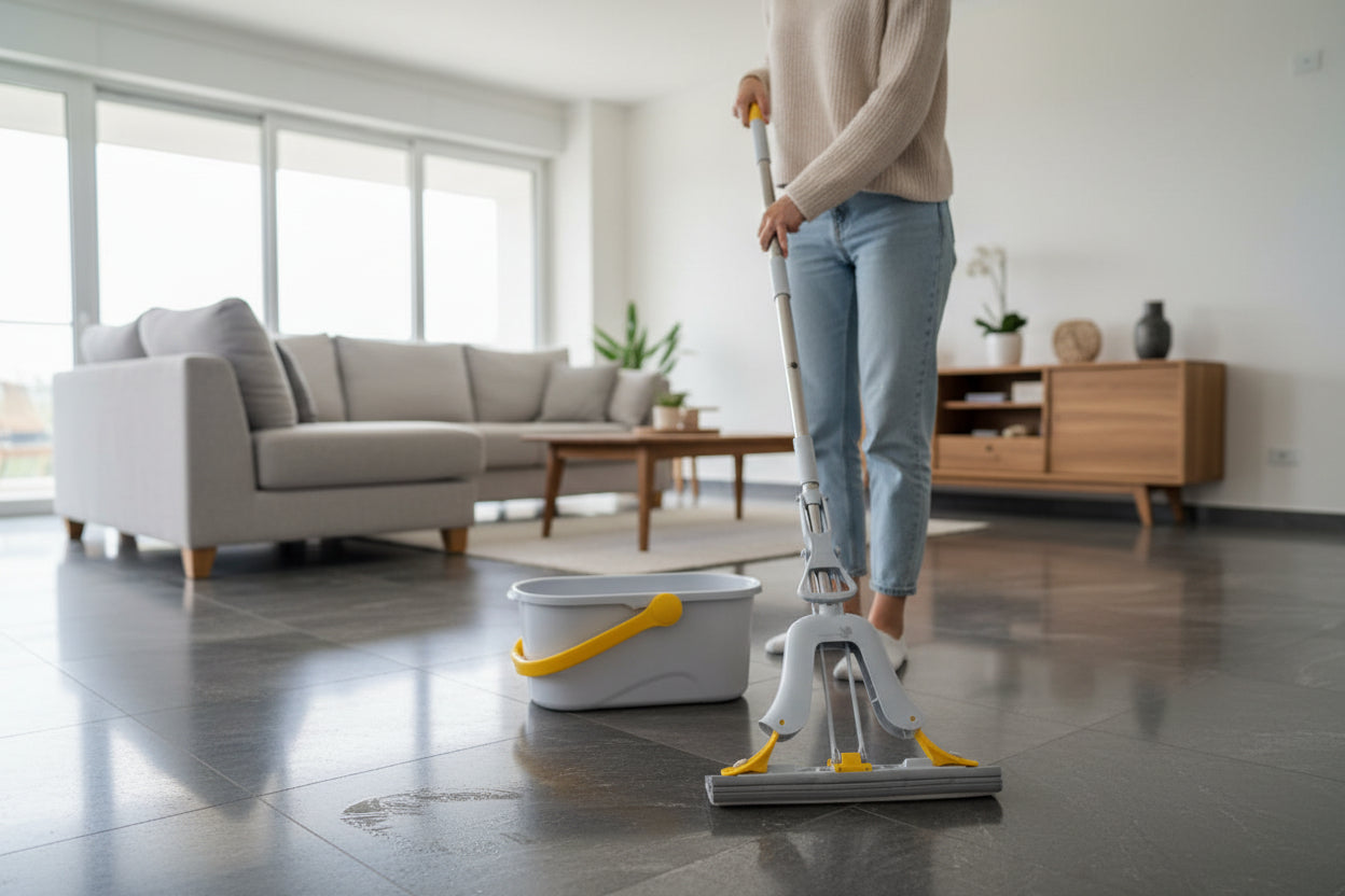 Mop and bucket set on a tiled floor with a white wall background