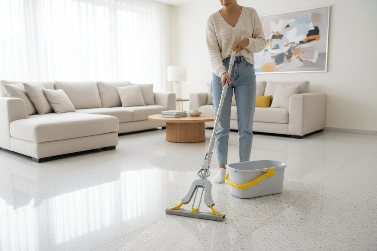 Mop and bucket set on a tiled floor with a white wall background