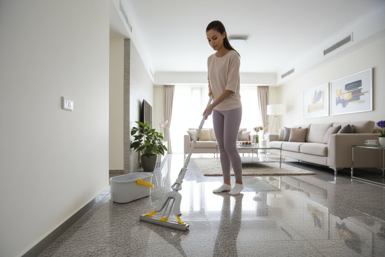 Mop and bucket set on a tiled floor with a white wall background