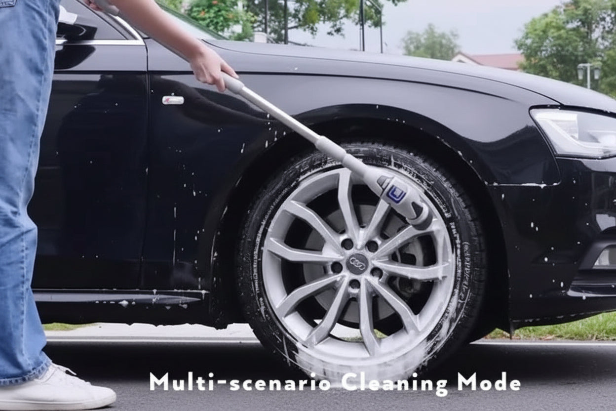 Person cleaning a car tire with a brush, with text 'Multi-scenario Cleaning Mode' displayed.
