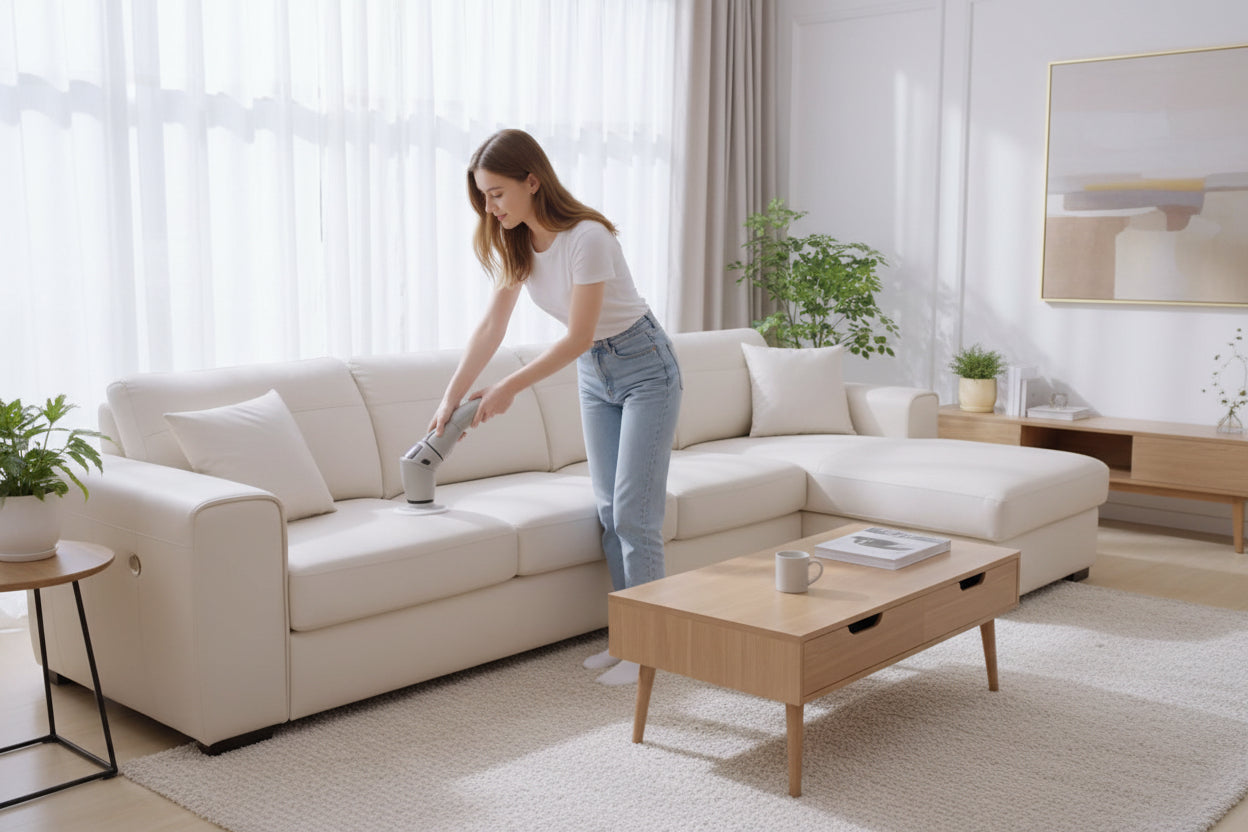 Cleaning device being used on a sofa with a close-up of the device's control panel.