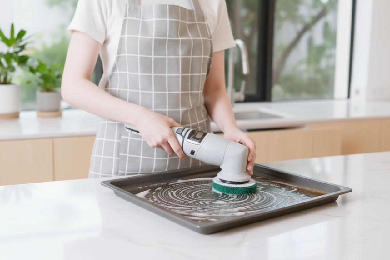 Person holding a cleaning tool with a green scrubber, wearing a checkered apron.