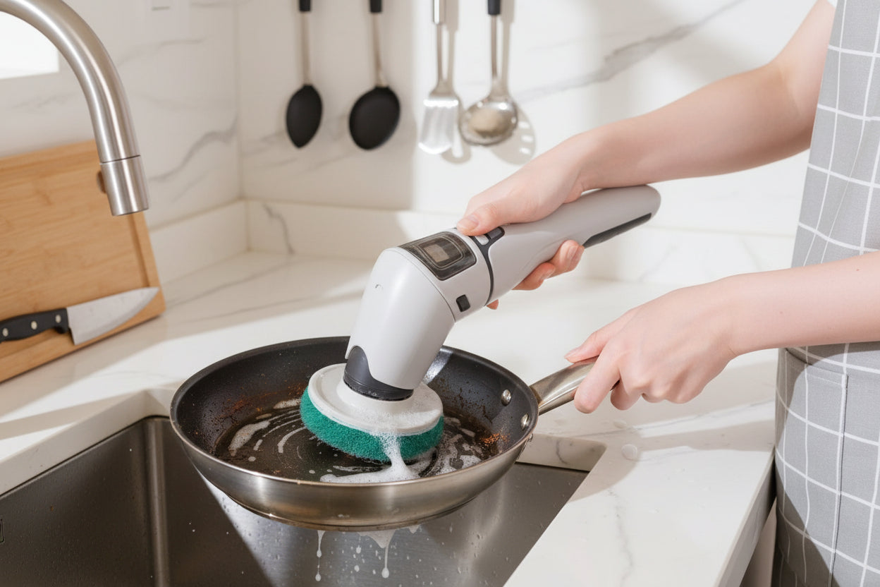 Person using a power buffer with freely adjustable head angle on a surface.