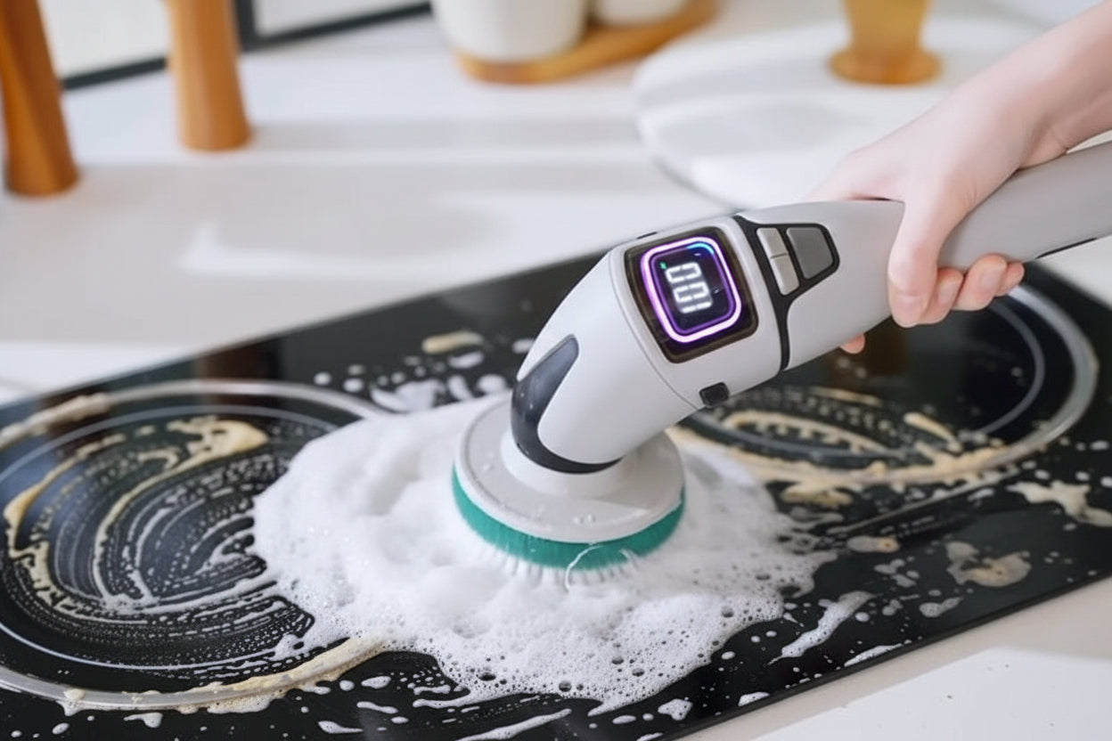 Person holding a digital device over a stovetop with 'Voice Broadcast' text overlay.