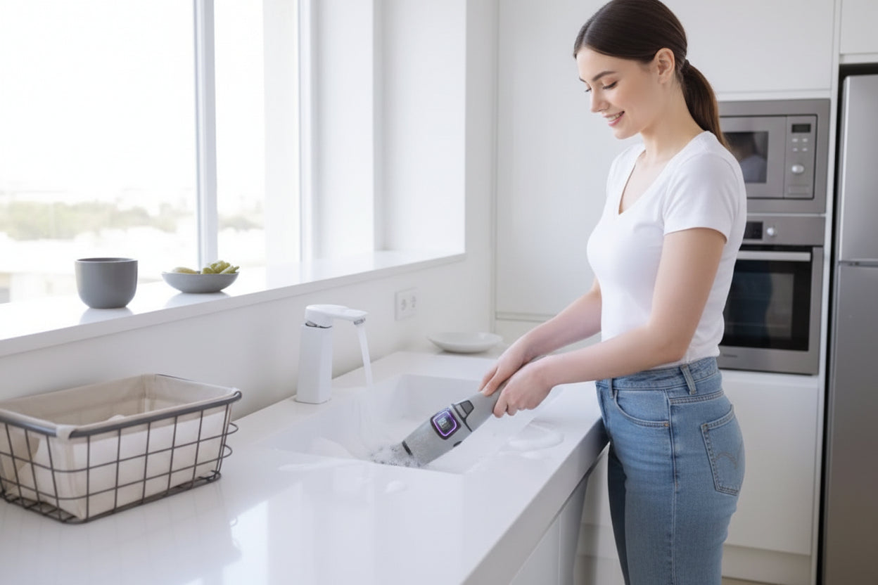 Person using a corner brush on a white surface with text 'Corner Brush' displayed.
