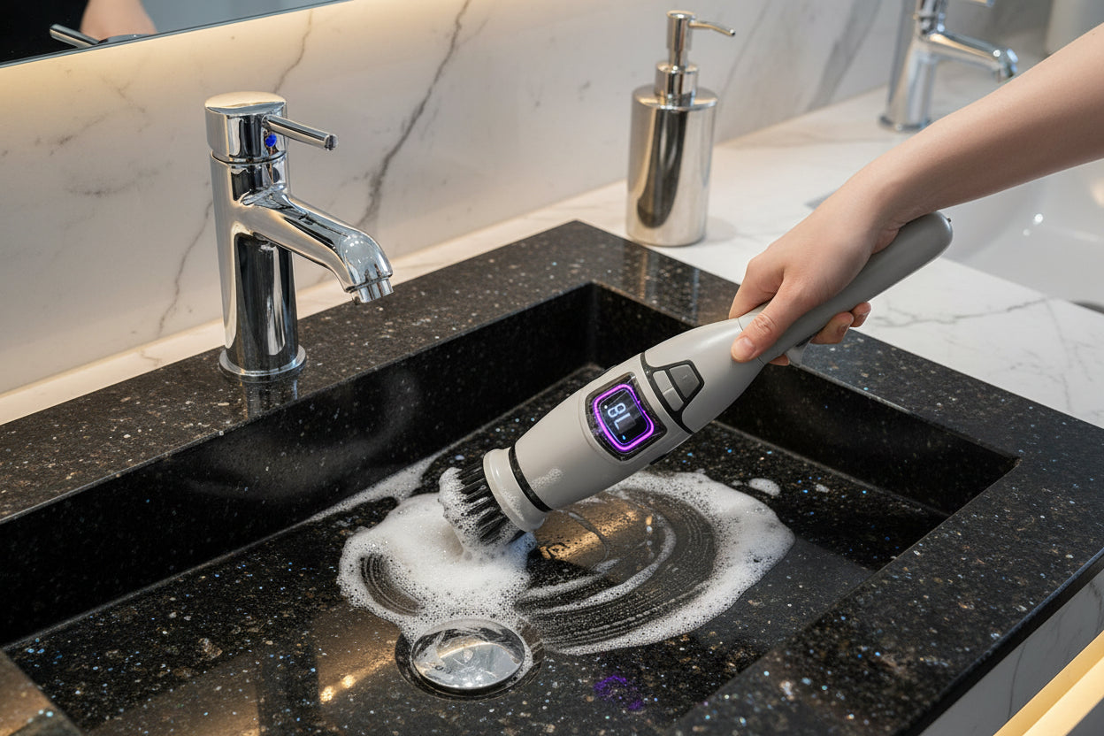 Person using a corner brush on a white surface with a visible brand name.