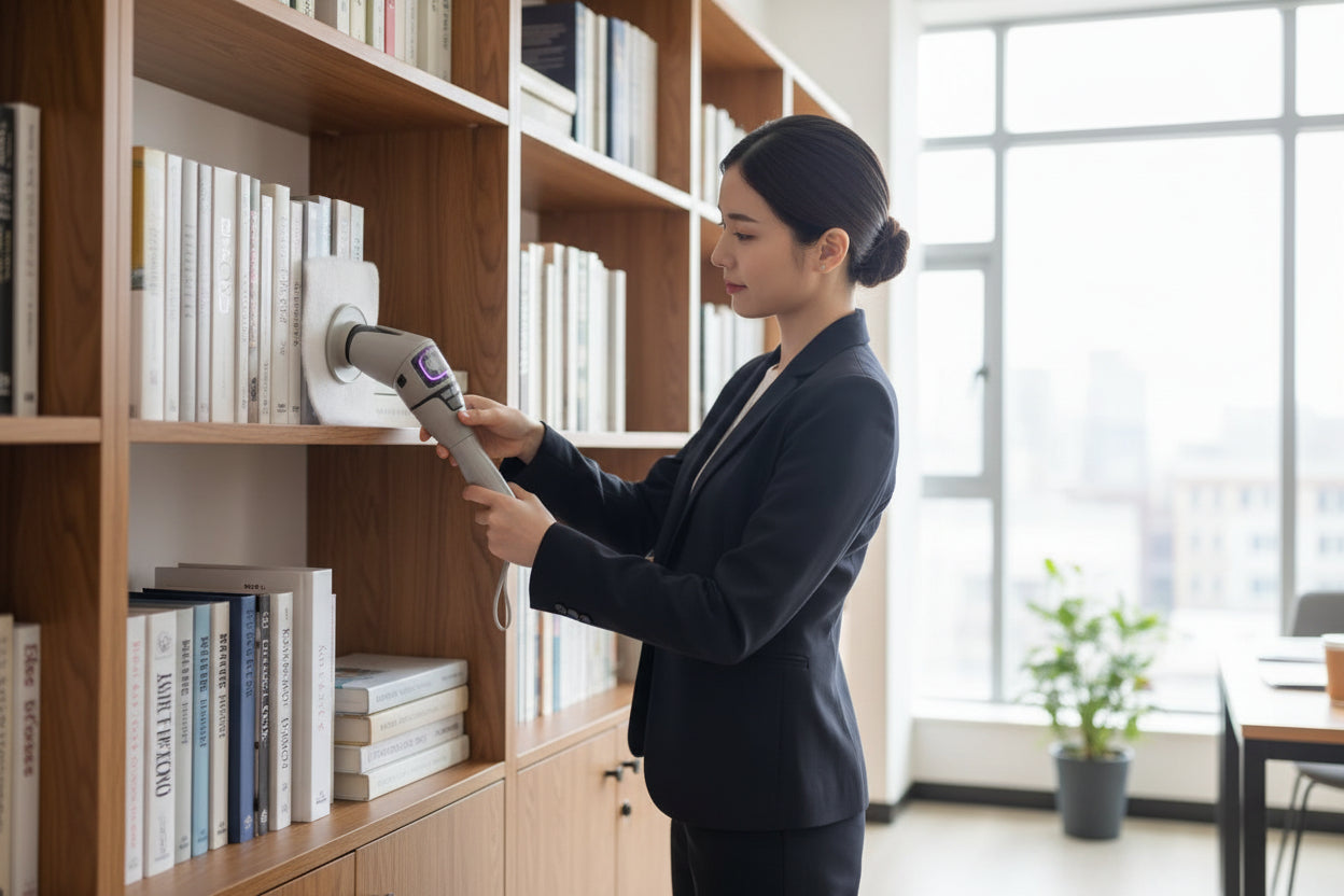Person using a handheld electric brush with dry wipe attachment to clean books and notebooks