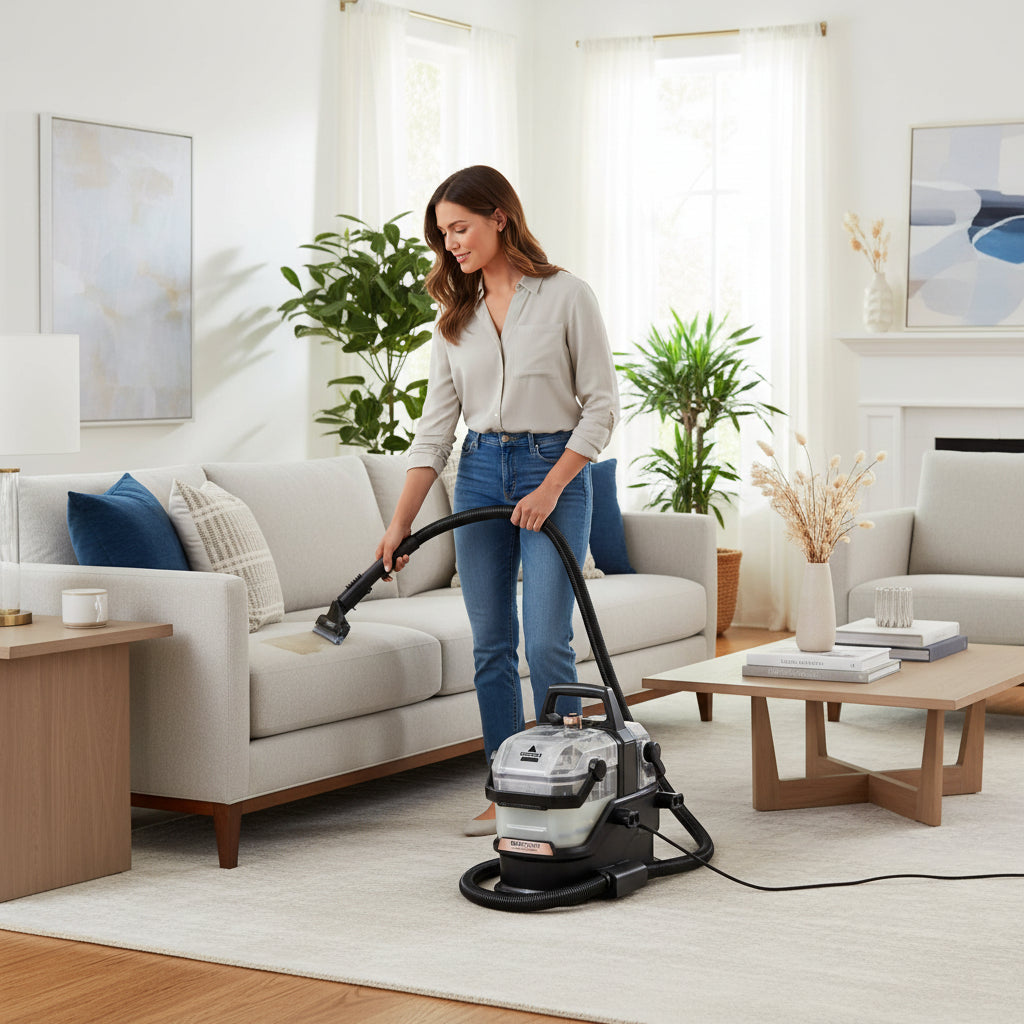 Person using Bissell SpotClean Hydrosteam machine on a carpet