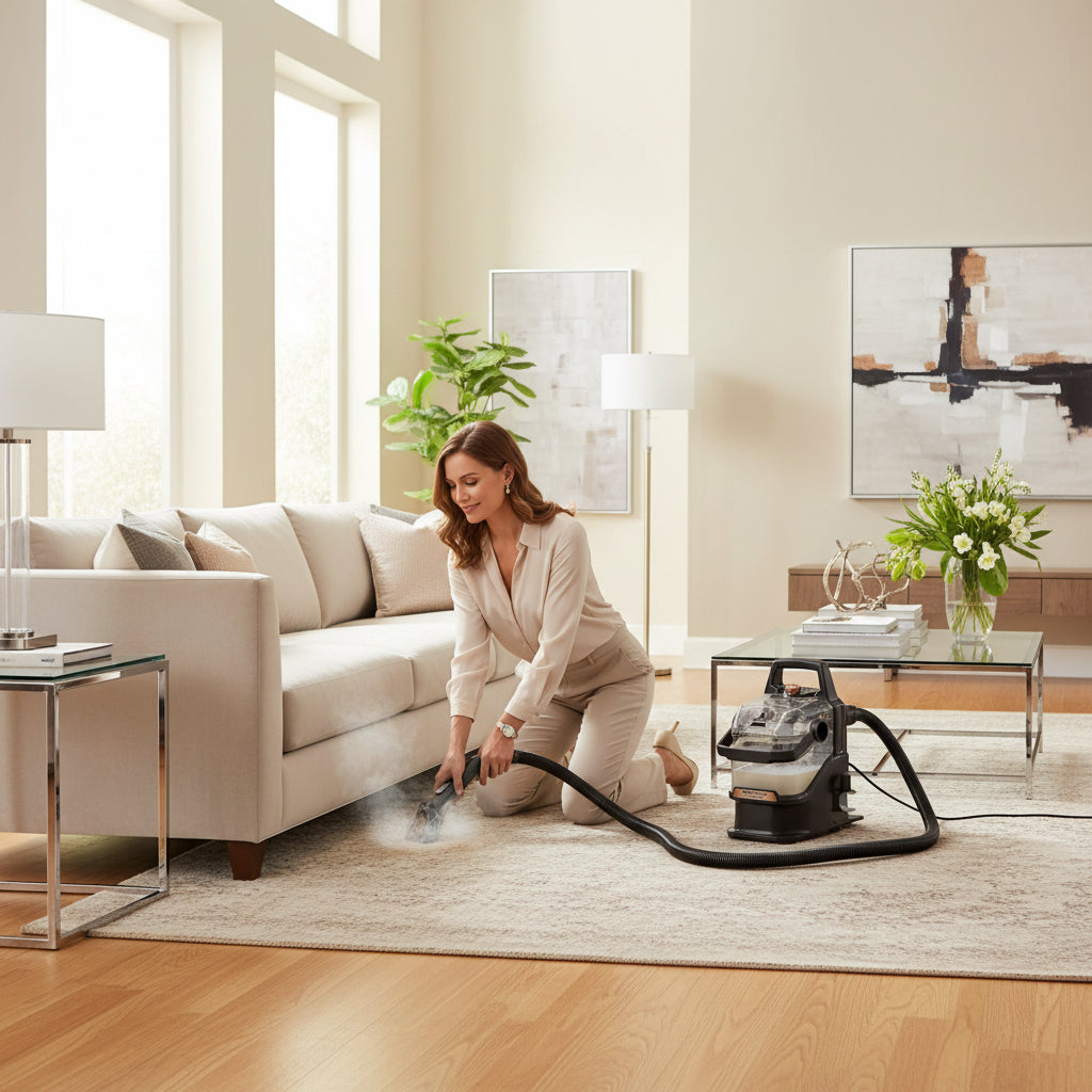 Person using a steam cleaner on a carpet with Bissell branding.