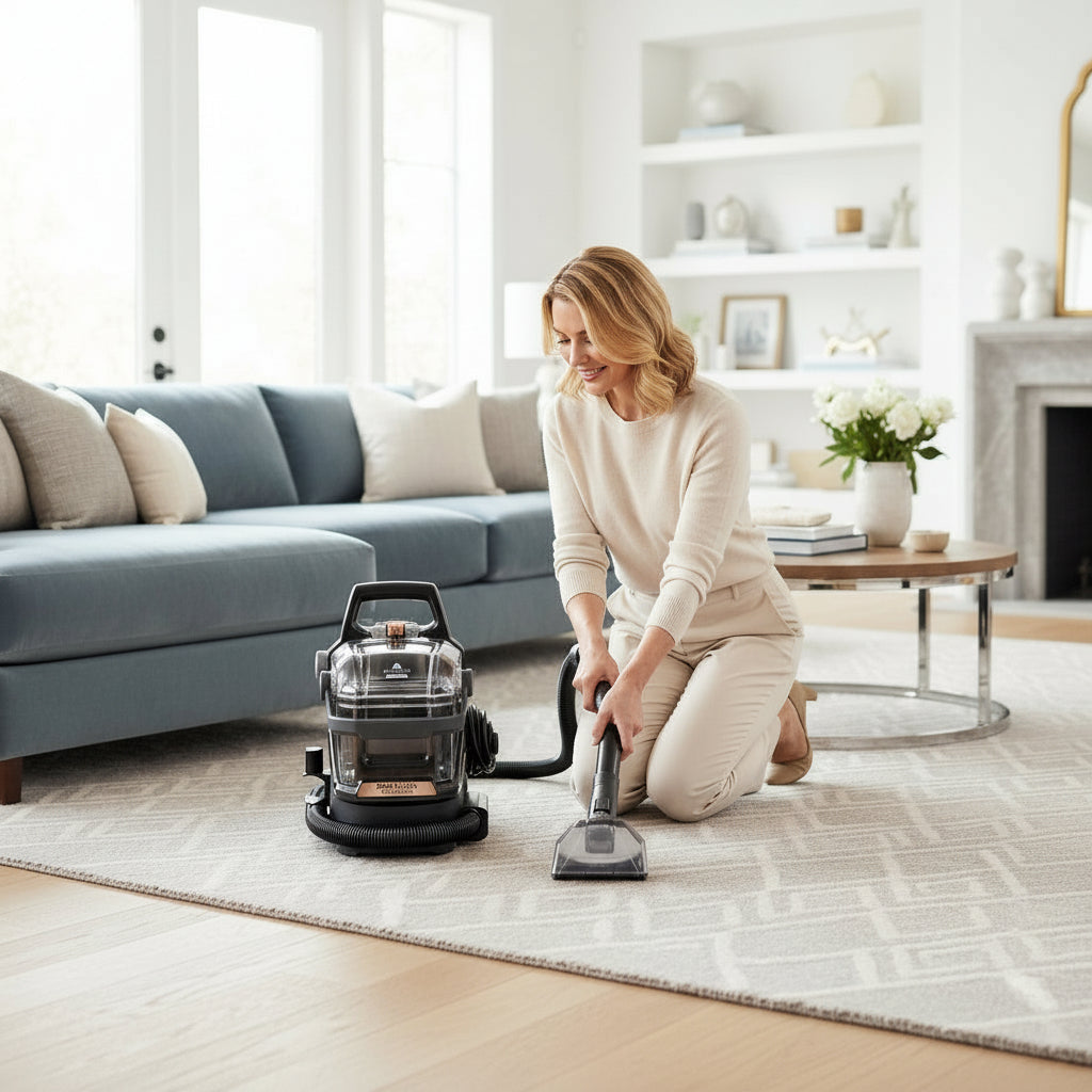 Vacuum cleaner on a carpeted floor with a blurred background