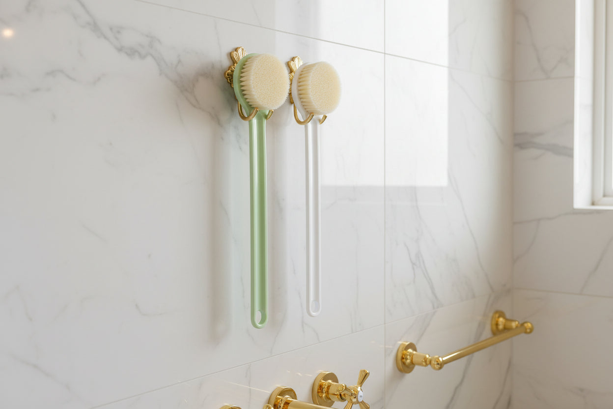 Two scrub brushes on a wooden surface with a textured floor background