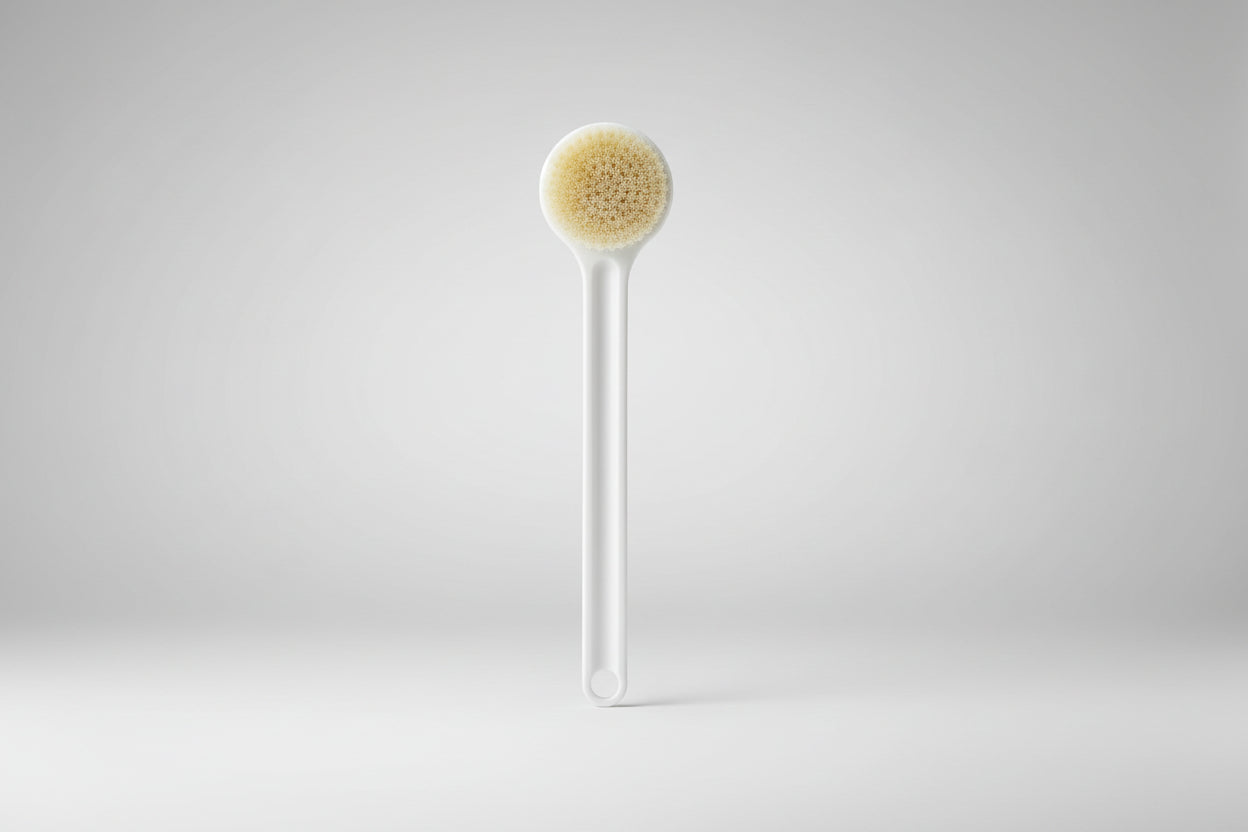 White brush with a handle on a wooden surface