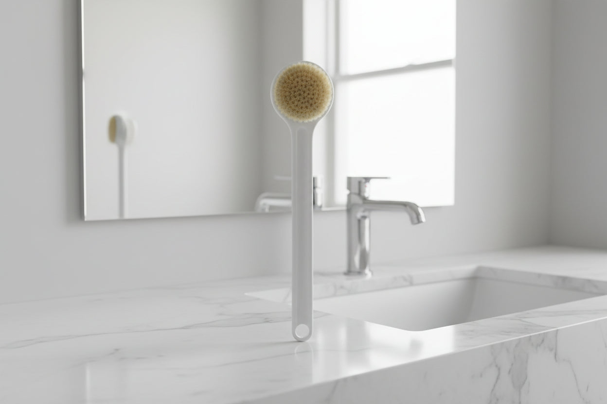 Cleaning brush with bristle head on a white background