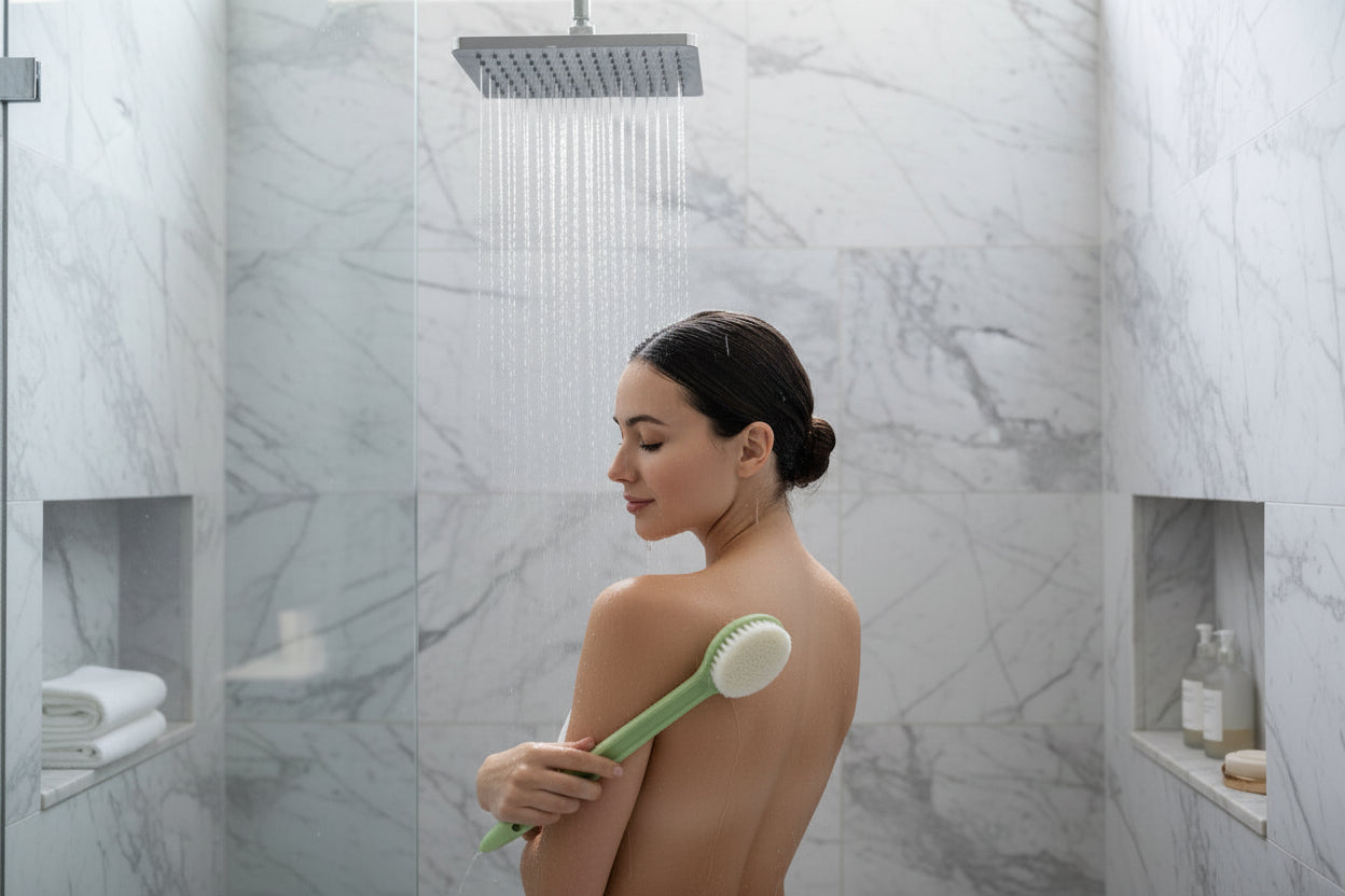 Green and white body brush held in a hand with a blurred background