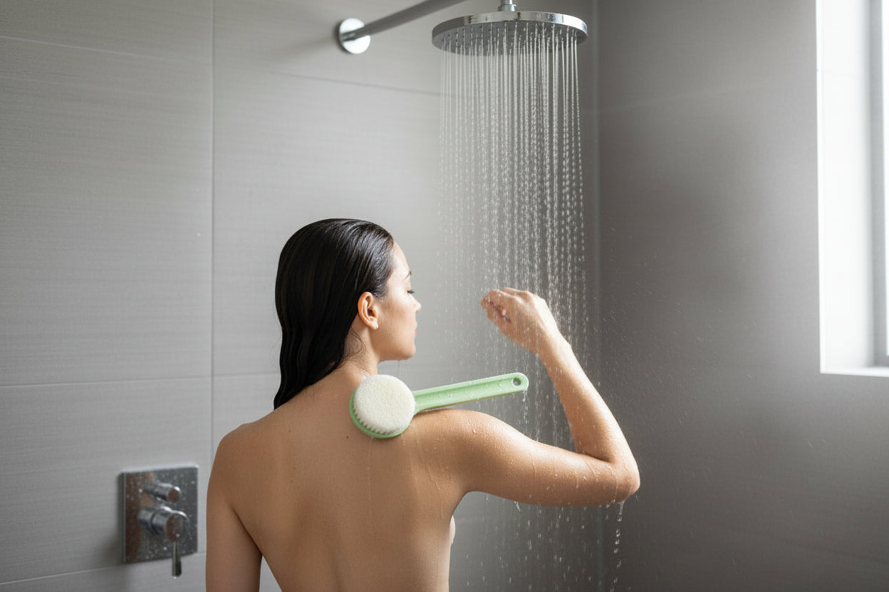 Green body brush with a white bristle head held against a blurred background