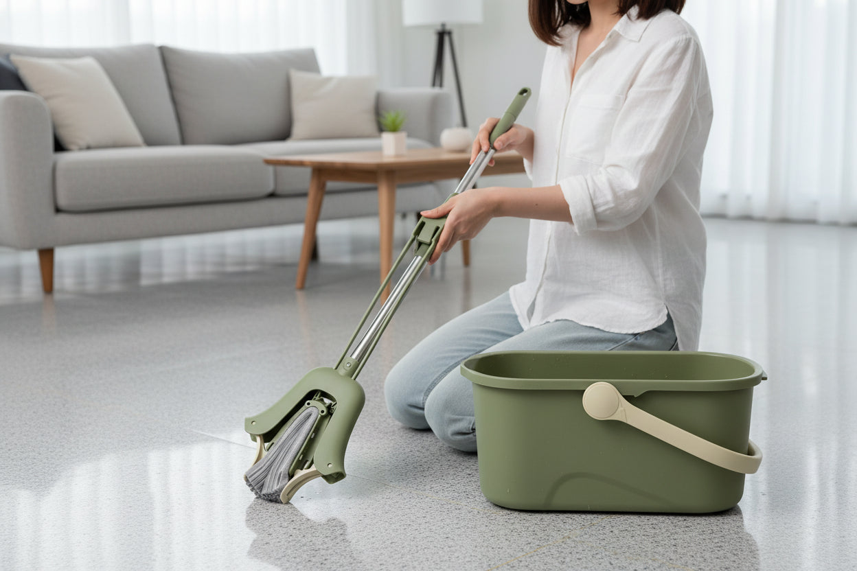 Green bucket with a cleaning brush on a white background