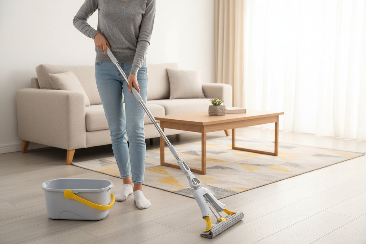 Mop and bucket set on a tiled floor with a white wall background