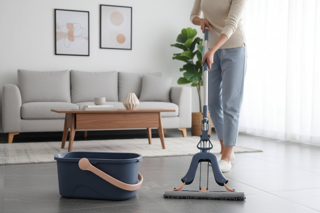 Person cleaning a floor with a mop and bucket in a living room.