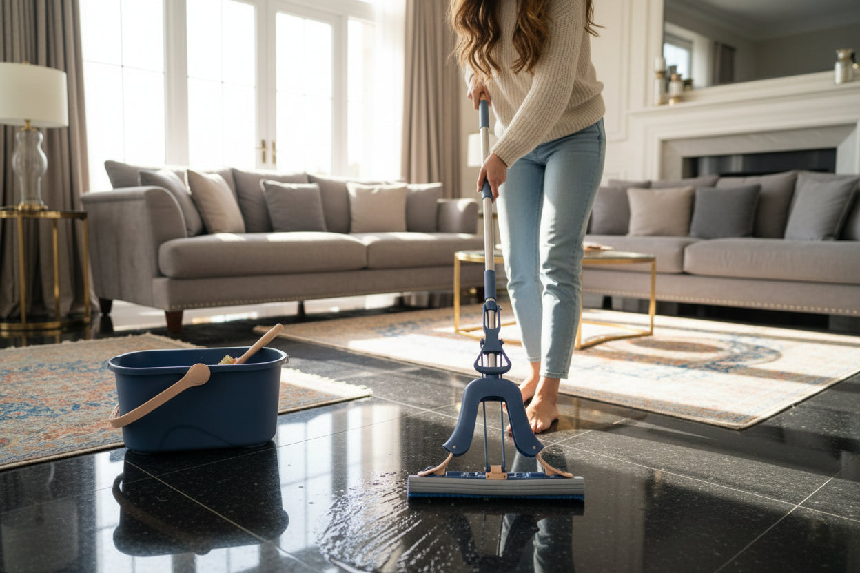 Mop and bucket set on a tiled floor with a colorful rug.