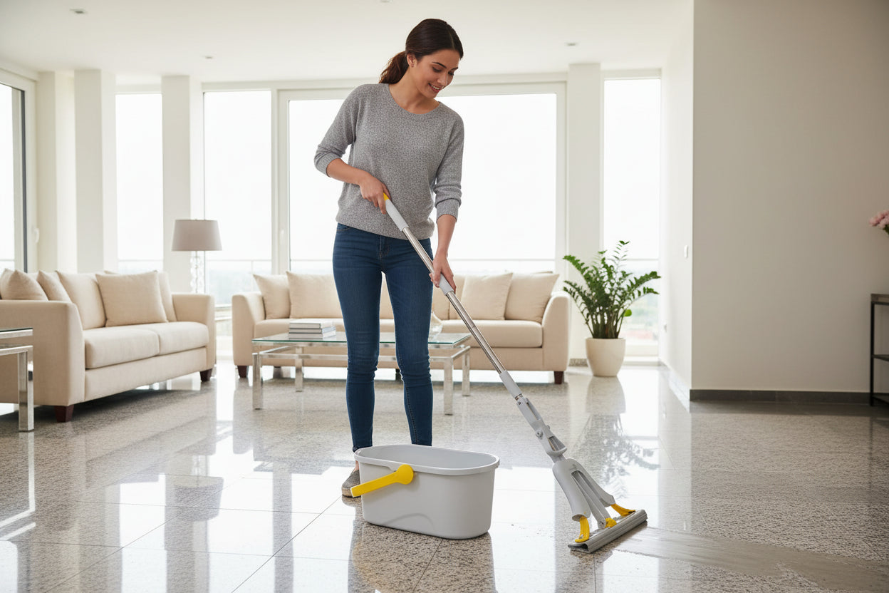 Mop and bucket set on a tiled floor with a white wall background