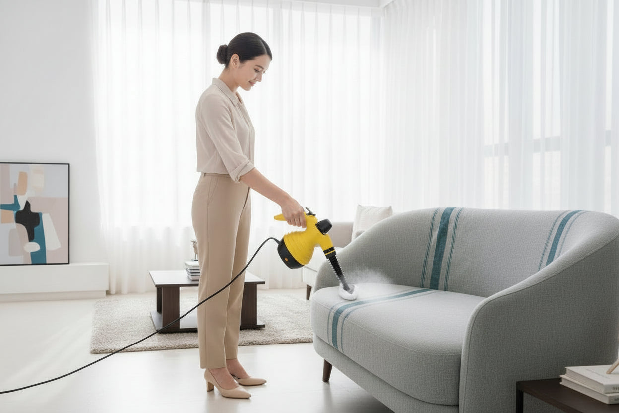 Yellow and black handheld cleaning tool with a scrubber on a striped surface.