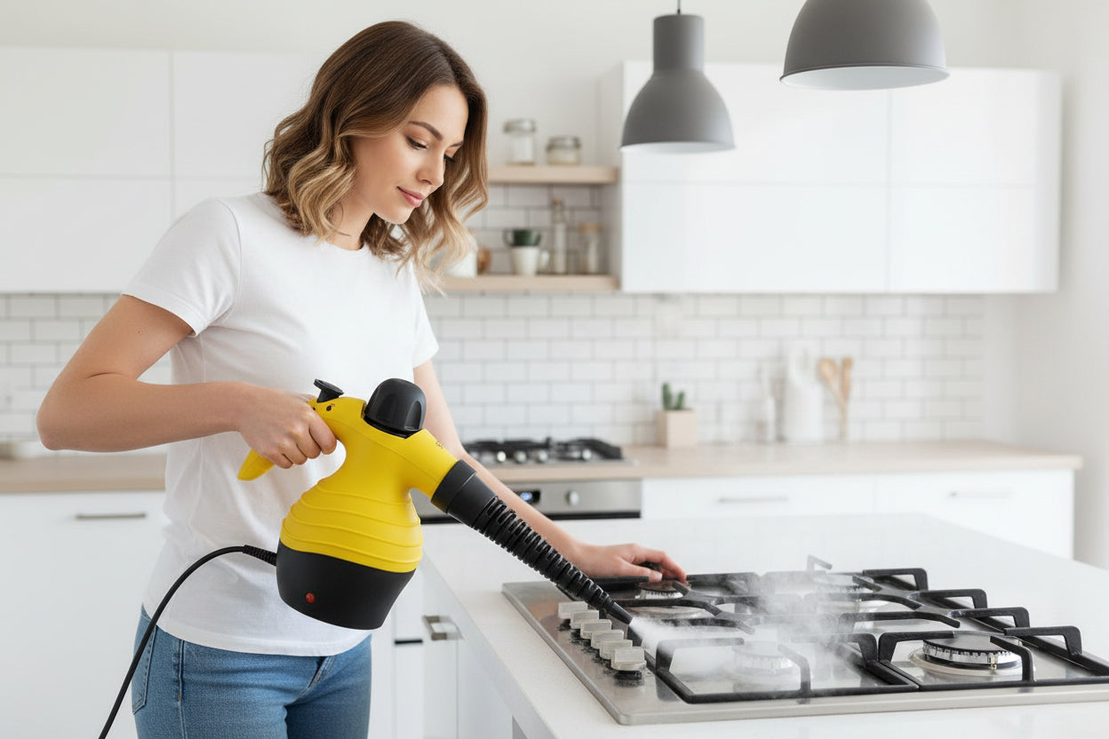 Yellow and black steam cleaner being used on a stove with a kitchen background.