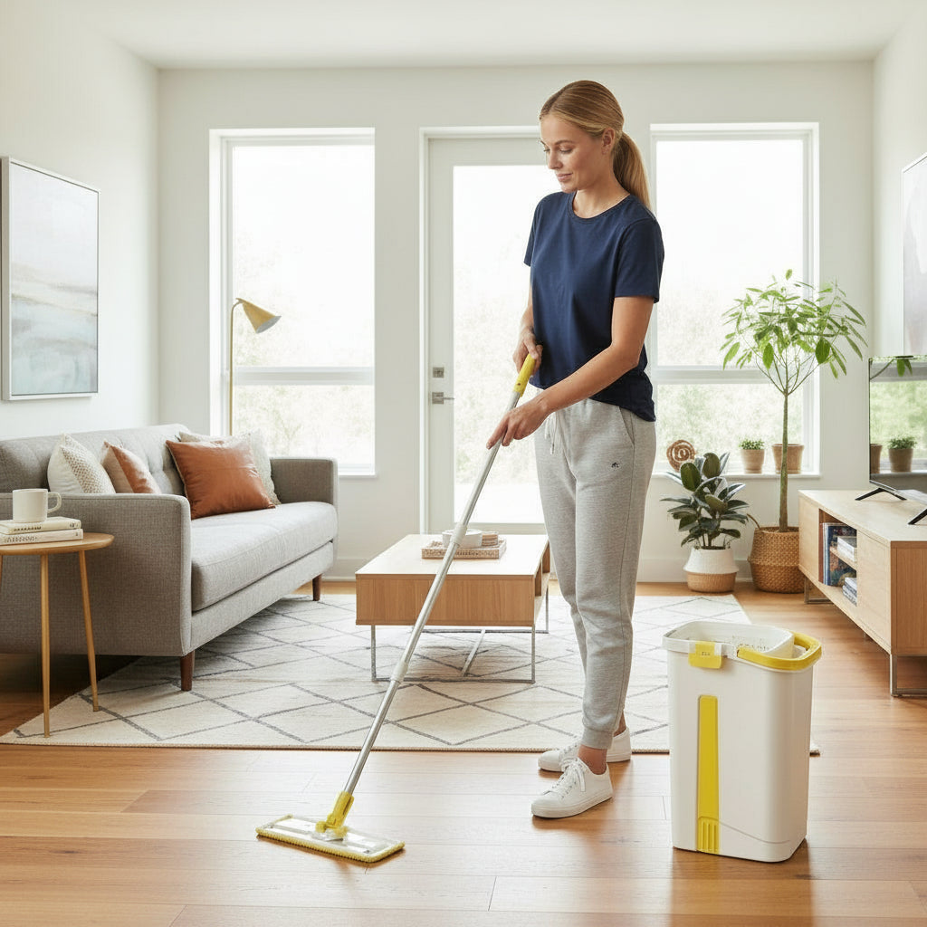 Woman cleaning a kitchen floor with a mop and bucket.