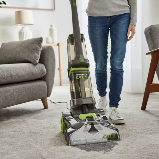 Person using a vacuum cleaner on a carpet in a living room.