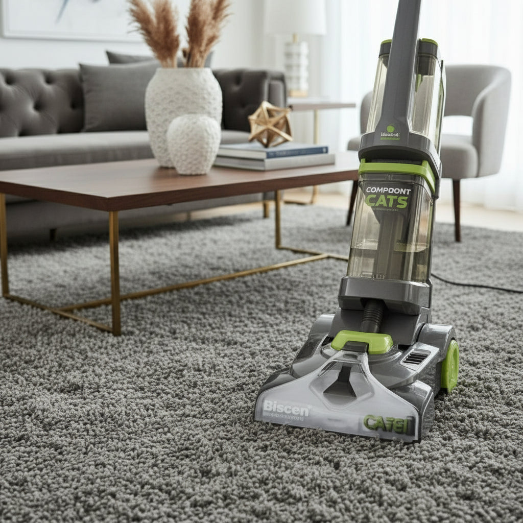 Person using a Cale PowerAllie vacuum cleaner on a carpeted floor in a living room.