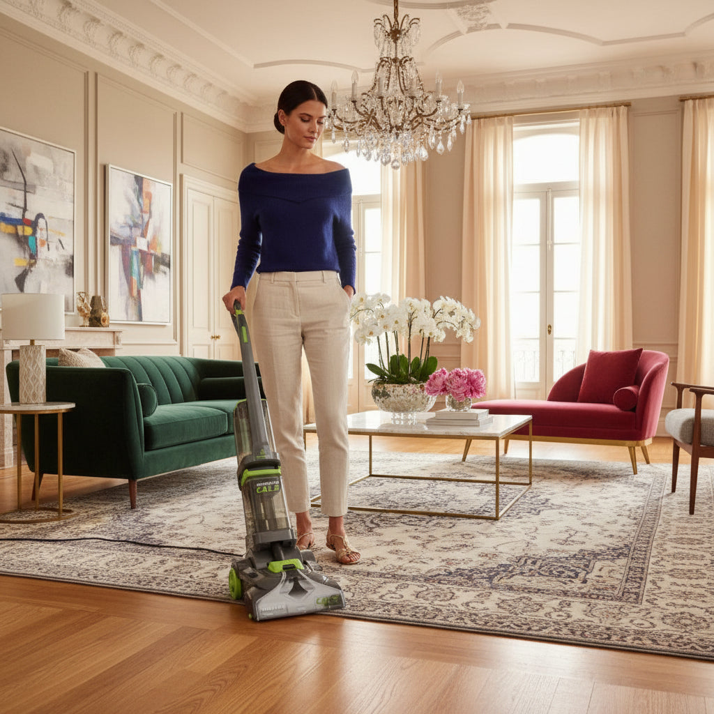 Person using a Cale PowerAllie vacuum cleaner on a carpeted floor in a living room.