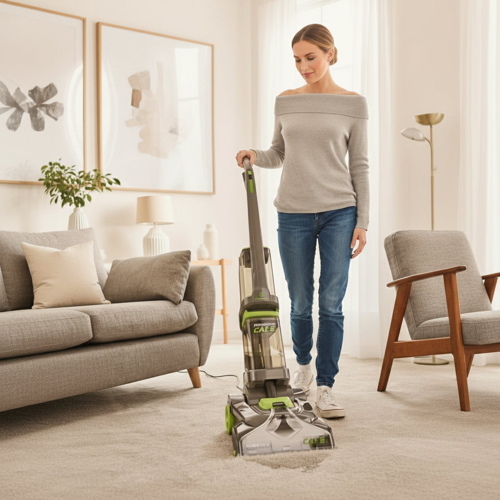 Person using a Cale PowerAllie vacuum cleaner on a carpeted floor in a living room.