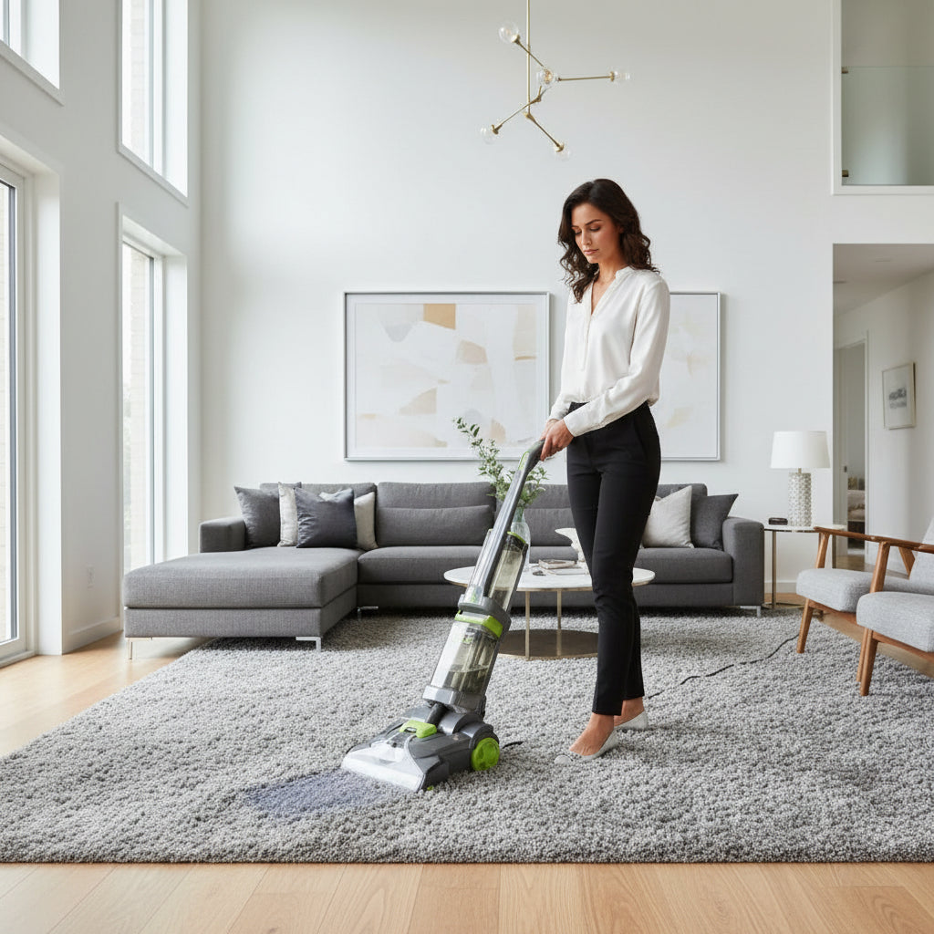 Person using a Cale PowerAllie vacuum cleaner on a carpeted floor in a living room.