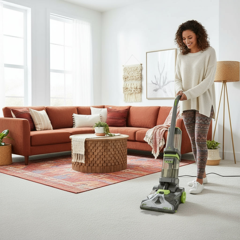 Person using a daewoo cat 5 carpet cleaner on a carpeted floor in a living room.