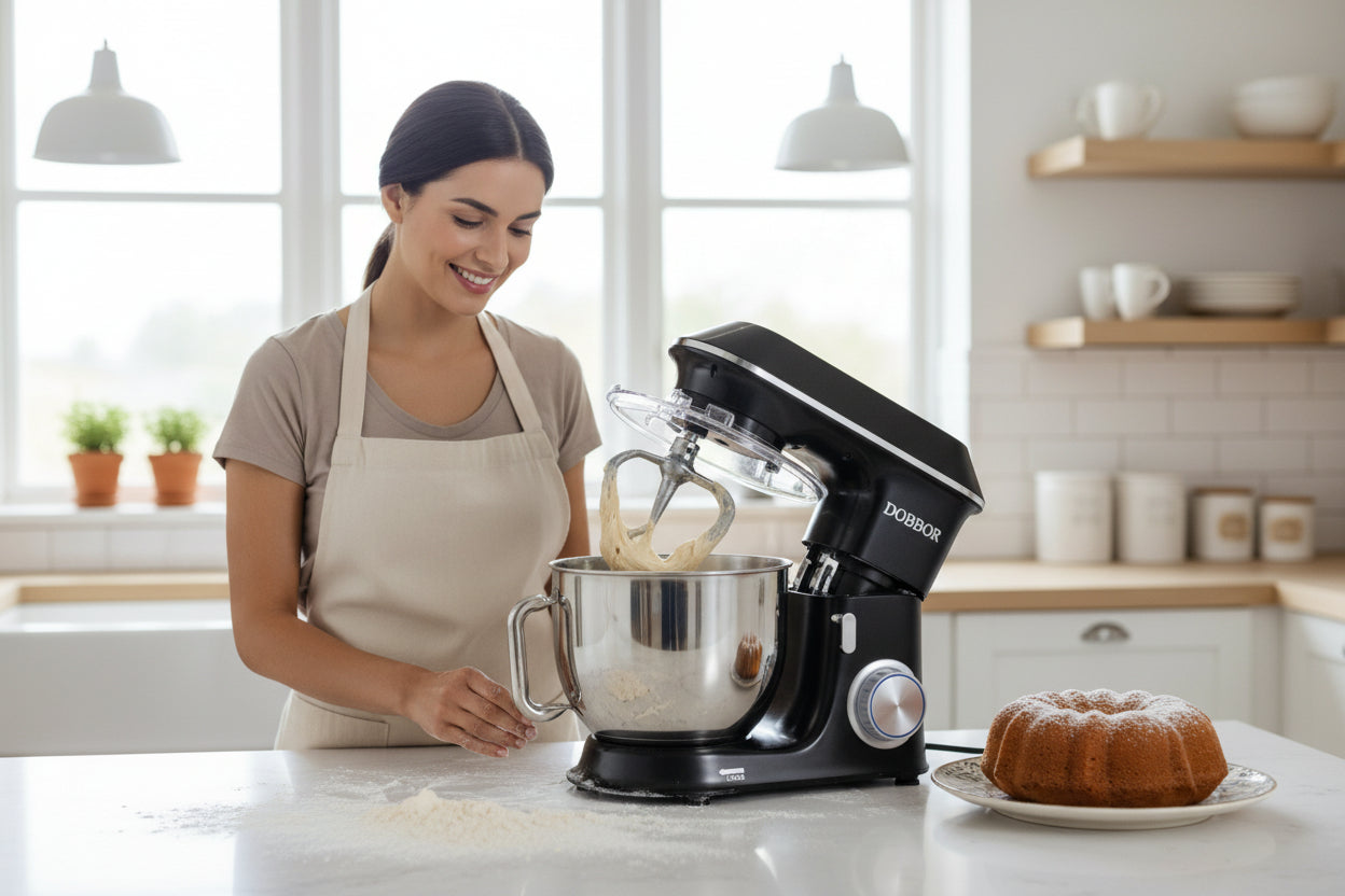 Black stand mixer with a bowl and attachments on a white background