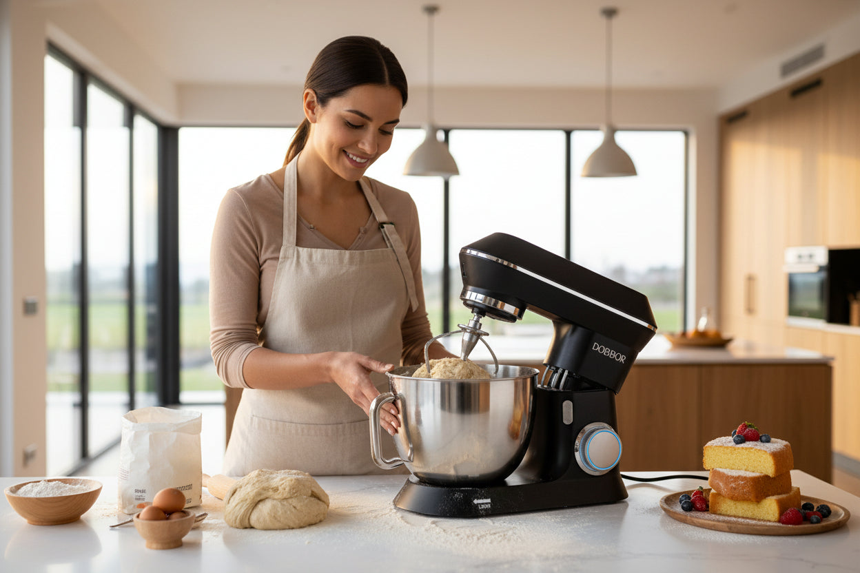 Black stand mixer with silver bowl on a kitchen counter